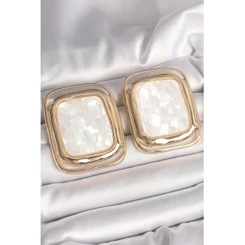 Pirinç Gold Renk Beyaz Mineli Kare Model Kadın Küpe