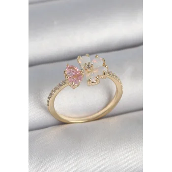 Pirinç Gold Renk Beyaz Mineli Pembe Zirkon Taşlı Çiçek Model Kadın Yüzük