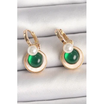 Pirinç Gold Renk Beyaz Yeşil Sallantı Mineli Kadın Küpe