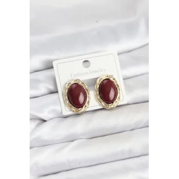 Pirinç Gold Renk Bordo Model Vintage Kadın Küpe