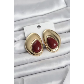 Pirinç Gold Renk Bordo Taşlı Damla Model Vintage Kadın Küpe