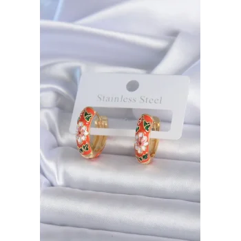 Pirinç Gold Renk Çiçek İşleme Turuncu Kadın Küpe