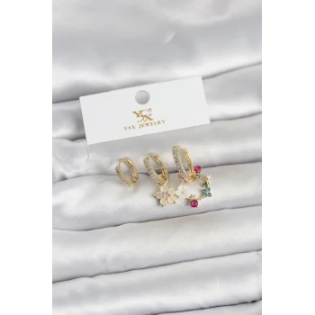 Pirinç Gold Renk Çiçek Model 3lü Kadın Küpe
