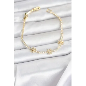 Pirinç Gold Renk Çiçek Model Zirkon Taşlı Su Yolu Kadın Bileklik