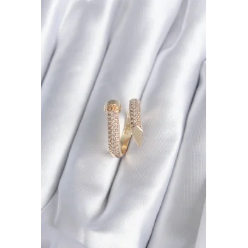 Pirinç Gold Renk Çivi Model Zirkon Taşlı Kadın Yüzük