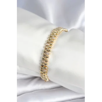 Pirinç Gold Renk Damla Model Zirkon Taşlı Kadın Bileklik