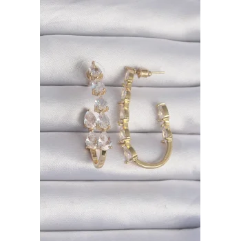 Pirinç Gold Renk Damla Zirkon Taş Tasarımlı Küpe