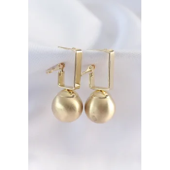 Pirinç Gold Renk Dikdörtgen Detay Oval Küpe