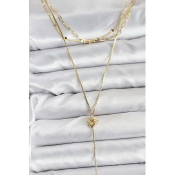 Pirinç Gold Renk Düğüm Model Detaylı 3lü Kombin Y Kadın Kolye