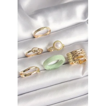 Pirinç Gold Renk Düğüm Model İncili İşlemeli Plaka Model 6Lı Kadın Yüzük Seti