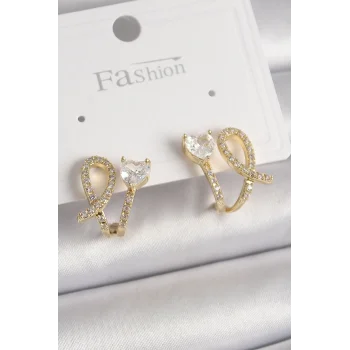 Pirinç Gold Renk Düğüm Model Zirkon Taşlı Kalp Detay Kadın Küpe