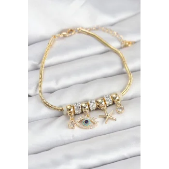 Pirinç Gold Renk Göz Model Charmlı Kadın Bileklik