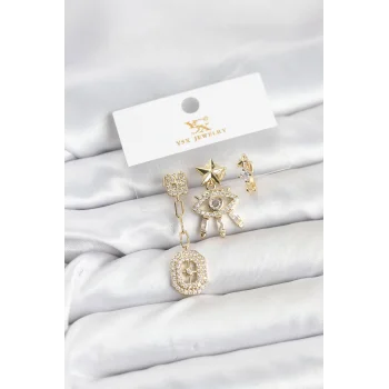 Pirinç Gold Renk Göz ve Kutup Yıldızı Model YSX Trio Küpe Seti