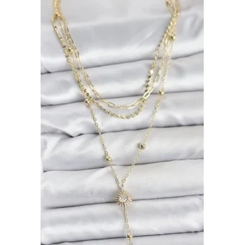Pirinç Gold Renk Güneş Model Detaylı 3lü Kombin Y Kadın Kolye
