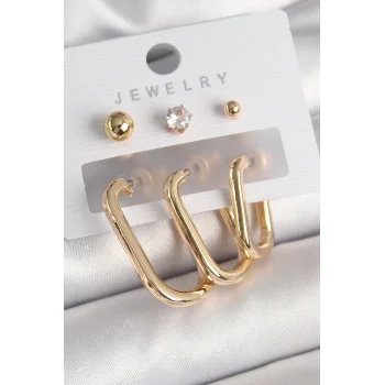 Pirinç Gold Renk Halka Model Zirkon Taş Topçuk Detay Kadın Küpe Seti