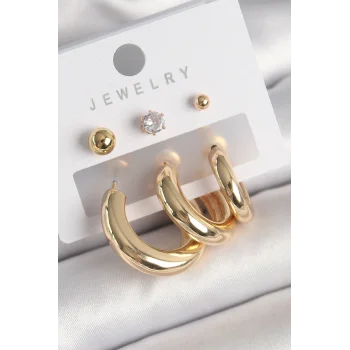 Pirinç Gold Renk Halka Model Zirkon Taşlı Topçuk Detay Kadın Küpe