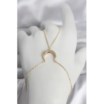 Pirinç Gold Renk Hilal Model Zirkon Taşlı Kadın Şahmeran