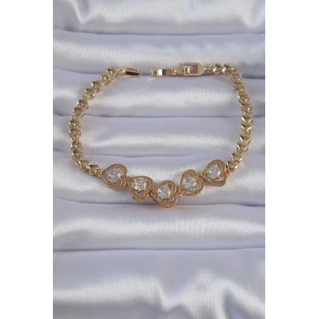 Pirinç Gold Renk İçi Zirkon Taşlı Kalp Figürlü Bileklik