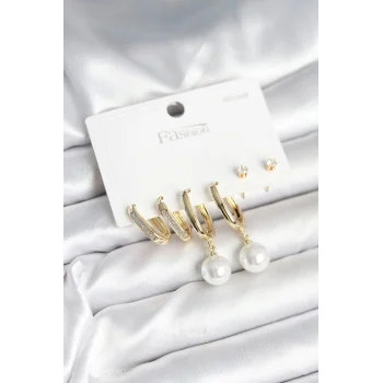 Pirinç Gold Renk İnci Detaylı 925 Ayar Gümüş Çivili Kadın Küpe Seti