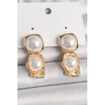 Pirinç Gold Renk İnci Kare Model Kadın Küpe