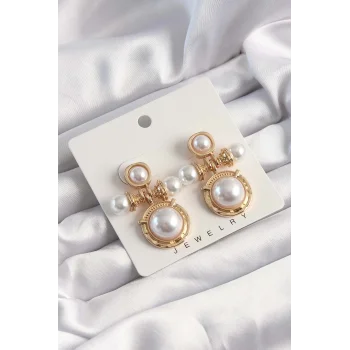 Pirinç Gold Renk İnci Taşlı Motifli Küpe