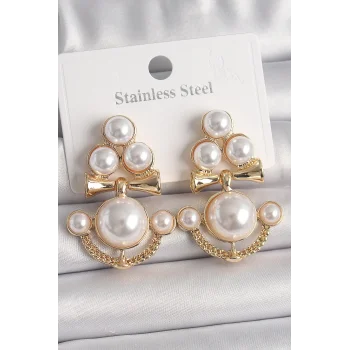 Pirinç Gold Renk İncili Çapa Model Kadın Küpe