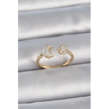 Pirinç Gold Renk İncili Hilal Zirkon Taşlı Yıldız Ayarlanabilir Model Kadın Yüzük