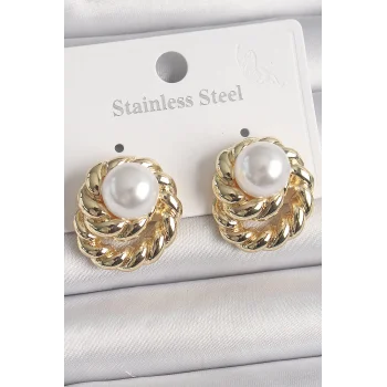 Pirinç Gold Renk İncili Sarmal Burgu Model Kadın Küpe