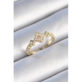 Pirinç Gold Renk İncili Yonca Model Zirkon Taş Detay Kadın Yüzük