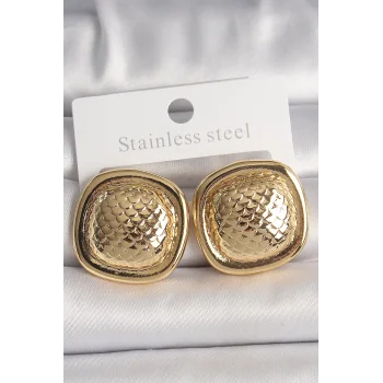 Pirinç Gold Renk İşlemeli Kare Model Kadın Küpe