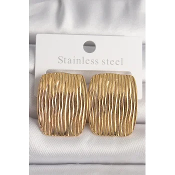 Pirinç Gold Renk İşlemeli Kare Plaka Model Kadın Küpe