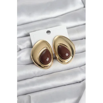 Pirinç Gold Renk Kahverengi Taşlı Damla Model Vintage Kadın Küpe