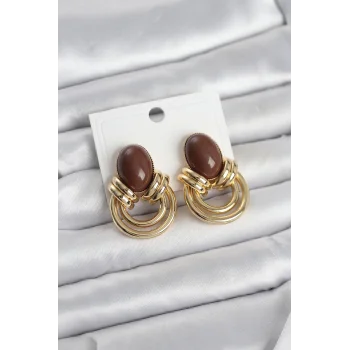 Pirinç Gold Renk Kahverengi Taşlı Vintage Kadın Küpe