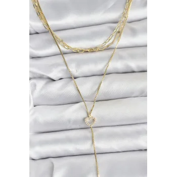 Pirinç Gold Renk Kalp Detaylı 3lü Kombin Y Kadın Kolye