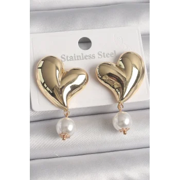 Pirinç Gold Renk Kalp Model Sallantı İnci Detay Kadın Küpe