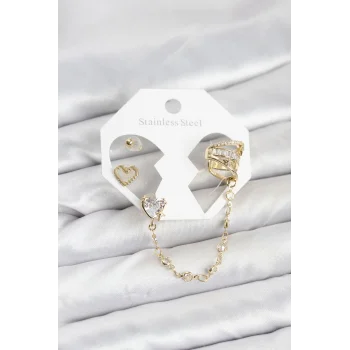 Pirinç Gold Renk Kalp Model Zincir Bağlantılı Ear Cuff Küpe Seti