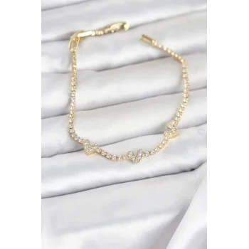 Pirinç Gold Renk Kalp Model Zirkon Taşlı Su Yolu Kadın Bileklik