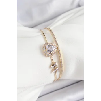 Pirinç Gold Renk Kalpli Zirkon Taşlı Kadın Bileklik