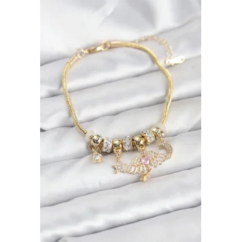 Pirinç Gold Renk Kanatlı Charmlı Kadın Bileklik