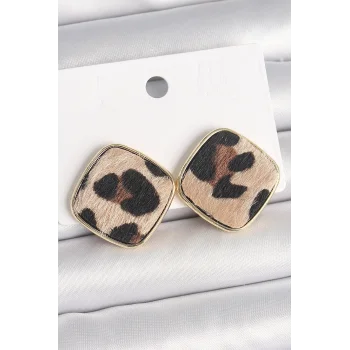 Pirinç Gold Renk Kare Leopar Model Kadın Küpe