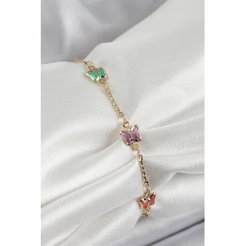 Pirinç Gold Renk Karışık Renk Kelebek Zirkon Taşlı Kadın Bileklik