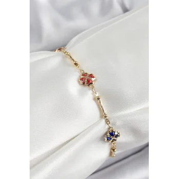 Pirinç Gold Renk Karışık Renk Yonca Zirkon Taşlı Kadın Bileklik