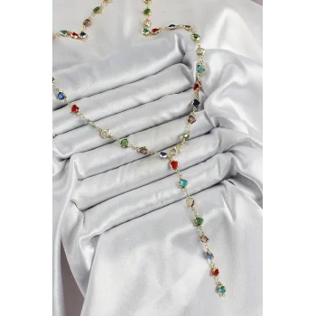 Pirinç Gold Renk Karışık Renk Zirkon Taşlı Kalpli Y Kadın Kolye