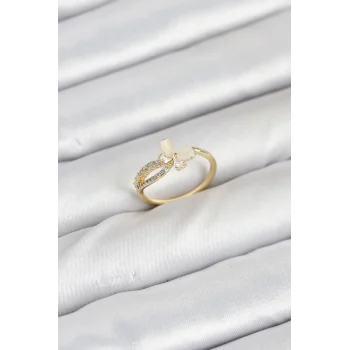 Pirinç Gold Renk Kelebek Zirkon Taşlı Kadın Yüzük