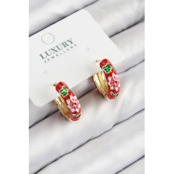 Pirinç Gold Renk Kırmızı Çiçek İşleme Mineli Kadın Küpe