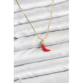 Pirinç Gold Renk Kırmızı Kapya Biber Model Kadın Kolye