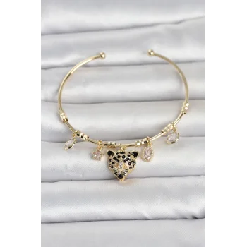 Pirinç Gold Renk Leopar Detaylı Charmlı Kadın Bileklik
