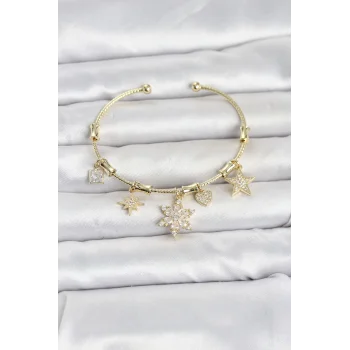 Pirinç Gold Renk Lotus Detay Charmlı Kadın Bileklik