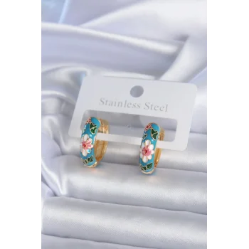 Pirinç Gold Renk Mavi Çiçek İşleme Detay Kadın Küpe