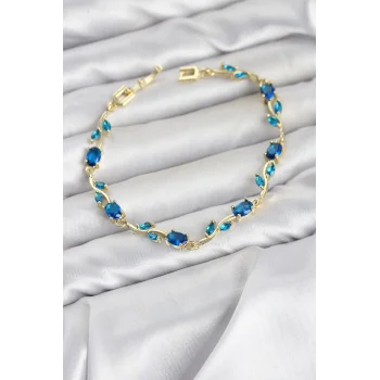 Pirinç Gold Renk Mavi Zirkon Taşlı Çiçek Model Kadın Bileklik
